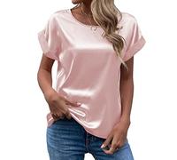CGGMVCG Chemisier d'été à Manches Courtes en Satin de Soie pour Femme - Style décontracté - Col Rond, Rose, XL