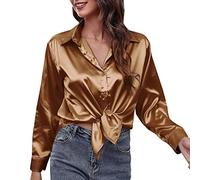 CGGMVCG Chemisier d'été décontracté à Manches Longues en Satin de Soie de Couleur Unie pour Femme, Z01 Marron, L