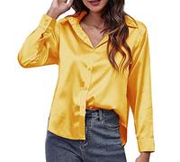 CGGMVCG Chemisier d'été décontracté à manches longues en satin de soie de couleur unie pour femme, Z01 Jaune, L