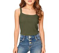 CGGMVCG Débardeur côtelé sans Manches pour Filles - Col carré - Débardeurs à Bretelles - Coupe ajustée - Tendance - Uni - sous-vêtements - Haut Caraco - Âge 7-16 Ans, Vert Armée, 15-16 Ans