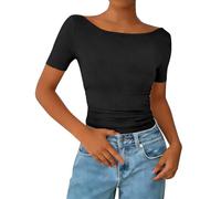 CGGMVCG Haut Court côtelé à Manches Courtes et col Bateau pour Femme, t-Shirt d'été Sexy, décontracté, Coupe ajustée, t-Shirts Courts Basiques Y2K pour Sortir, Noir, M