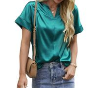 CGGMVCG Hauts d'été pour Femme Printemps Été Femmes Manches Courtes Chemise en Satin de Soie Lâche Décontracté Col Rond Blouses, Z01 Vert, XXL