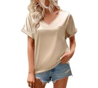 CGGMVCG Hauts d'été pour Femme Printemps Été Femmes Manches Courtes Chemise en Satin de Soie Lâche Décontracté Col Rond Blouses, Z06 Beige, L