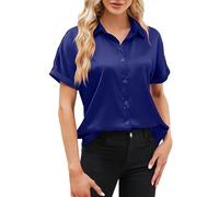 CGGMVCG Hauts d'été pour Femme Printemps Été Femmes Manches Courtes Chemise en Satin de Soie Lâche Décontracté Col Rond Blouses, Z05 Bleu, L