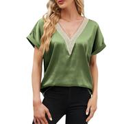 CGGMVCG Hauts d'été pour Femme Printemps Été Femmes Manches Courtes Chemise en Satin de Soie Lâche Décontracté Col Rond Blouses, Z03 Vert, L