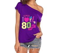 CGGMVCG Hauts Mignons pour Femmes avec Inscription « I Love The 80s » à épaules dénudées - Costumes Disco des années 80 - T-Shirts pour Femmes, Z01 Violet, M