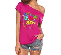 CGGMVCG Hauts Mignons pour Femmes avec Inscription « I Love The 80s » à épaules dénudées - Costumes Disco des années 80 - T-Shirts pour Femmes, Z02 Rose, XL