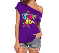 CGGMVCG Hauts Mignons pour Femmes avec Inscription « I Love The 80s » à épaules dénudées - Costumes Disco des années 80 - T-Shirts pour Femmes, Z02 Violet, XL
