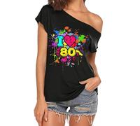 CGGMVCG Hauts Mignons pour Femmes avec Inscription « I Love The 80s » à épaules dénudées - Costumes Disco des années 80 - T-Shirts pour Femmes, Z02 Noir, S