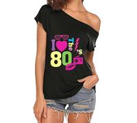 CGGMVCG Hauts Mignons pour Femmes avec Inscription « I Love The 80s » à épaules dénudées - Costumes Disco des années 80 - T-Shirts pour Femmes, Z01 Noir, M