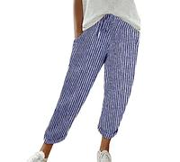 CGGMVCG Pantalon en Lin pour Femme - Taille élastique - Pantalon décontracté à Rayures - Coton Ample et Court - pour Femme, Bleu, S