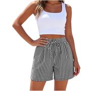 CGGMVCG Short à Carreaux Vichy décontracté pour Femme Taille Haute Cordon de Serrage Coupe Ample Short de Plage d'été avec Poches, Gris Foncé, M