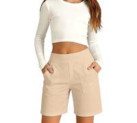 CGGMVCG Short en lin pour filles avec taille élastique, short d'été décontracté avec poches, coupe ample, confortable, plage, vacances, marche à la maison, beige, 8-9 ans