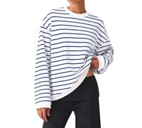 CGGMVCG Sweat-shirt rayé surdimensionné à manches longues décontracté et col rond pour femme - Pull ample - Haut breton, bleu, XL