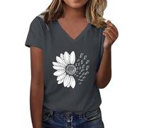 CGGMVCG Tee Shirt Femme Été T Shirts Imprimé Tournesol à Manches Courtes Col en V T-Shirt Tendance Décontracté Grande Taille Graphic Hauts Amples, A01 Gris foncé, XXL