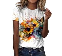 CGGMVCG Tshirt Femme Été Tee Shirt à Manches Courtes Col Rond Imprimé Floral et Papillon Grande Taille T Shirts Ample Graphic Hauts Décontractés, Z04 Blanc, L