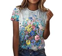 CGGMVCG Tshirt Femme Été Tee Shirt à Manches Courtes Col Rond Imprimé Floral et Papillon Grande Taille T Shirts Ample Graphic Hauts DécontractésBleu pâle, XL