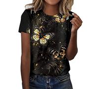 CGGMVCG Tshirt Femme Été Tee Shirt à Manches Courtes Col Rond Imprimé Floral et Papillon Grande Taille T Shirts Ample Graphic Hauts Décontractés, Z02 Jaune, XL