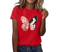 CGGMVCG Tshirt Femme Été Tee Shirt à Manches Courtes Col Rond Imprimé Floral et Papillon Grande Taille T Shirts Ample Graphic Hauts Décontractés, Z09 Rouge, XL