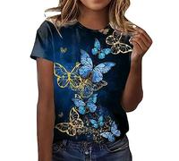 CGGMVCG Tshirt Femme Été Tee Shirt à Manches Courtes Col Rond Imprimé Floral et Papillon Grande Taille T Shirts Ample Graphic Hauts DécontractésBleu foncé, L