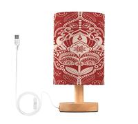 Cgiub Lampe de chevet indonésienne en batik LED avec abat-jour en tissu, base en bois et port USB pour chambre à coucher, chambre d'enfant, salon, bureau