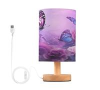 Cgiub Lampe de chevet LED à fleurs violettes et papillons avec abat-jour en tissu, base en bois et port USB pour chambre à coucher, chambre d'enfant, salon, bureau