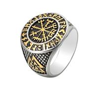CGJseFH Bagues vintage, Amulette runique nordique Valknut Vegvísir Étoile à 8 branches Acier inoxydable Protection contre les tempêtes(Two Tone,W)