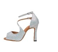CGUOHU Chaussures De Danse Latine Chaussures de Danse Latine avec Strass Scintillants, Chaussures carrées Professionnelles à Semelle Souple, Cha-cha Salsa Rumba(Silver Heel 9cm,4)