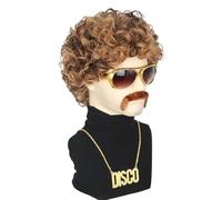 CGVG Lot de 4 perruques afro pour homme - Avec lunettes de soleil - Moustache - Collier - Perruque Vokuhila - Tenue des années 70 et 80 - Pour carnaval, Halloween, carnaval (marron clair mélangé