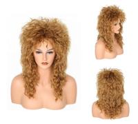 CGVG Perruque jupe des années 70 et 80 avec boucles d'oreilles, collier, perruque de Vokuhila, pour femme - Pour fête à thème, carnaval, costume, fête (marron)