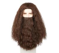 CGVG Perruque longue bouclée pour homme, marron et barbe, perruque viking, prophète, sorcier, perruque pour Halloween, cosplay, carnaval (2031A)