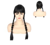 CGVG Perruque longue tressée noire avec frange - Perruque synthétique avec tresses - Pour Halloween, cosplay, carnaval (adulte)