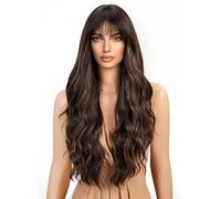 CGVG Perruque marron avec point fort - Longue perruque ondulée avec frange - Charmante perruque bouclée marron pour femme - Utilisation quotidienne, rendez-vous, fête, carnaval