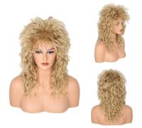 CGVG Perruque style rock des années 70 et 80 avec boucles d'oreilles, collier, perruque de Vokuhila, pour femme, pour fête à thème, carnaval, costume, fête (blond)
