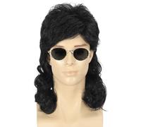 CGVG Perruque Vokuhila des années 70 et 80 pour homme et femme - Longue perruque bouclée - Perruque rocker punk popstar - Perruque pour Halloween, carnaval - Noir