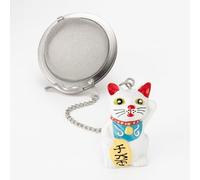 Cha Cult - Boule à Thé “Lucky le Chat Maneki Neko” 5 cm - Acier Inoxydable Maillage Fin avec Chaînette & Figurine Porte-Bonheur Peinte à la Main - Réutilisable & Éco-Responsable
