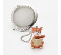 Cha Cult - Boule à Thé “Oscar le Chat Roux” 5 cm - Acier Inoxydable Maillage Fin avec Chaînette & Figurine Chat Lisant Peinte à la Main - Réutilisable & Éco-Responsable