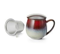 Cha Cult - Tisanière “Saara Reactive Glaze” 0,35 L - Porcelaine Émaillée Artisanale Rouge Brique & Bleu Ardoise - Filtre Inox Extra-Fin & Couvercle Repose-Filtre