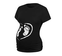 Chaconka Femme T-Shirt Grossesse Empreinte BéBé Pied Imprimé Motif Cœur Vêtement de Maternité Mignon Rigolo Haut de Maternité Manches Courtes Blouse Enceinte Papa Maman Dessin Animé