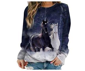 Chaconka Sweatshirt Femme Manches Longues Lâche Haut Shirt Cheval Impression T-Shirt Pull Blouse Top sans Capuche Chic élégant Grande Taille décontracté Ample Blouses Printemps Automne, Bleu, S