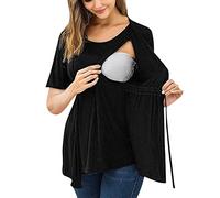 Chaconka T-Shirt Maternité Allaitement Manche Longue Femme Enceinte Haut Grossesse Double Couche Allaitement Maternel Chemise Col Rond Pyjama de Maternité Allaitement (Z-Noir-Manche Courte, M)