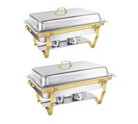 Chafing Dish Buffet Lot de 2 Chauffe-Plats en Acier Inoxydable 9L,Récipients de Maintien au Chaud Robuste (Design à Bord Roulé) Qualité Supérieure pour Traiteur, Buffet, Fête - Carré Doré