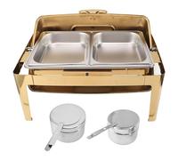 Chafing Dish Buffet Set Chafer en Acier Inoxydable Ensemble Complet Buffet Restauration Chauffe-Plats Couvercle en Verre Transparent Chauffage à l'alcool rectangulaire pour hôtels (Plaqué Or)