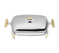 Chafing Dish Chauffe-plat à 1 compartiment avec bol en verre - Chauffe-plat en acier inoxydable - 2,2 l - Avec couvercle et poignées dorées - Pour fête, maison, restauration - Argenté - 40 x 20 x 12