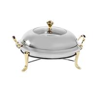 Chafing Dish Chauffe-repas rond 3 l avec couvercle en verre en acier inoxydable avec poignée dorée pour buffet, camping, mariage, fête