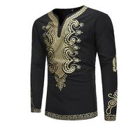 Chahuer Chemise à Imprimé Africain De Style Ethnique Africain pour Hommes Retro Print Vneck Pullover à Manches Longues Noir L