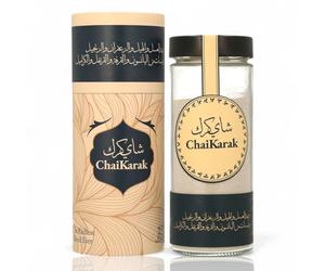 ChaiKarak® Thé - Thé Chai Instantané aux Épices Orientales, Safran, Cardamome, Cannelle, Clou de Girofle - Pot Verre Luxe avec 250g Poudre - Texture Crémeuse - jusqu’à 25 Portions - Idée Cadeau