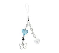 Chaîne avec pendentif en forme de cœur et papillon - Pour téléphone - Décoration pour sac à main - Perles de téléphone - Pour femmes et filles, bleu, taille unique