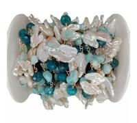 Chaîne de Chapelet à facettes Rondes en Apatite et larimar Bleu avec Perles Blanches Biwa Keshi de 1 mètre