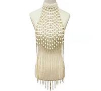 Chaîne de corps de mode chaîne d'épaule en cristal à la main perle chaîne de corps robe sexy perle maille frange rue pat chaîne de poitrine pour femmes bijoux chaînes collier (couleur du métal : blanc) (un blanc)